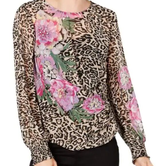 INC Animal Print Floral Sequins Blouse Top L - Picture 4 of 5